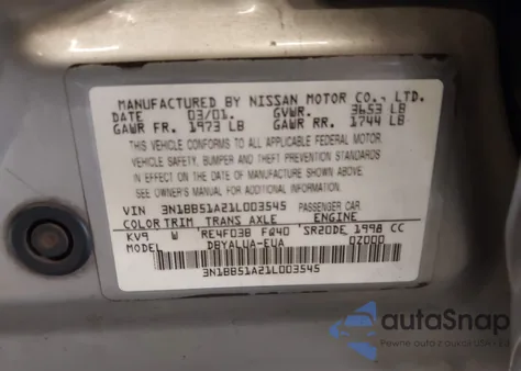 2001 Nissan Sentra Se z USA, uszkodzony, nr VIN 3N1BB51A21L003545